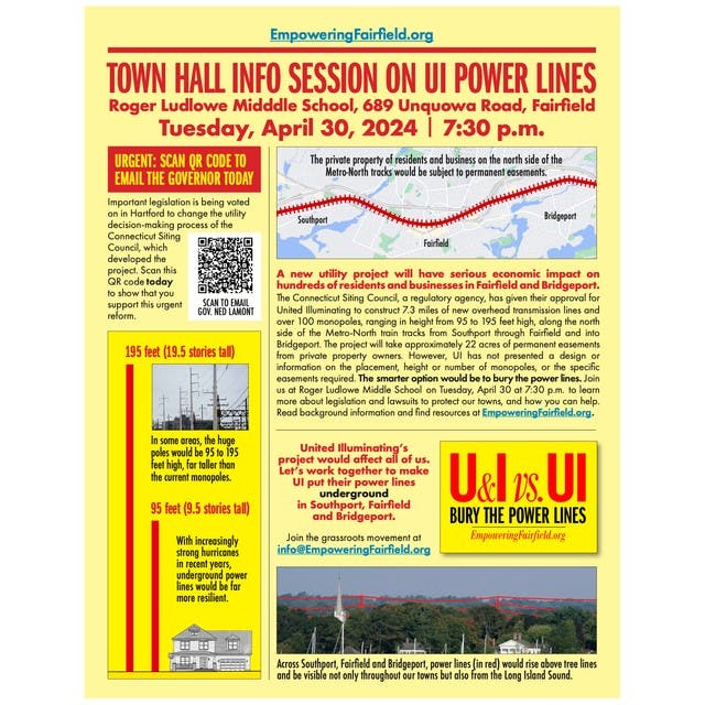 Fairfeld Town Hall Public Info Session on UI Monopoles Plan, April 30, 7:30pm
